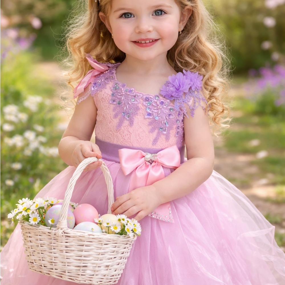 Toddler Girls Pink Easter Dress Lace Floral Appliqué Party Wedding, Birthday